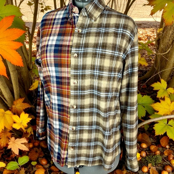 Free People Like Only Hand Crafted 1/2 & 1/2 Plaid FlannelShirt Men’s M-L - Picture 2 of 13
